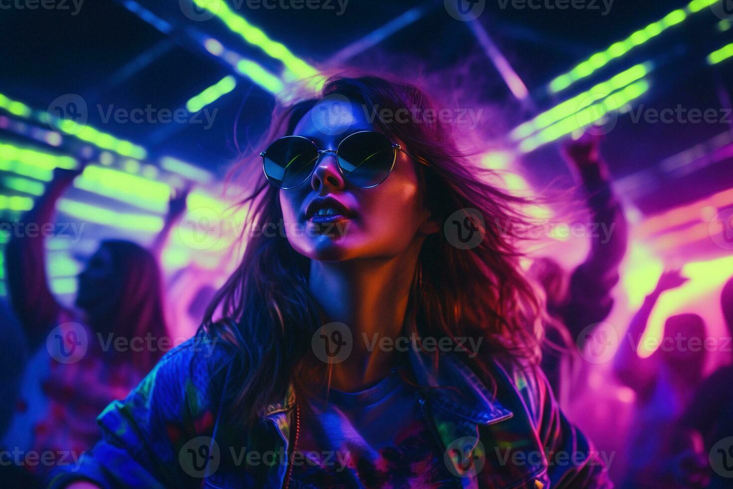 Portrait of young beautiful woman dancing in night club with lights. AI generated photo