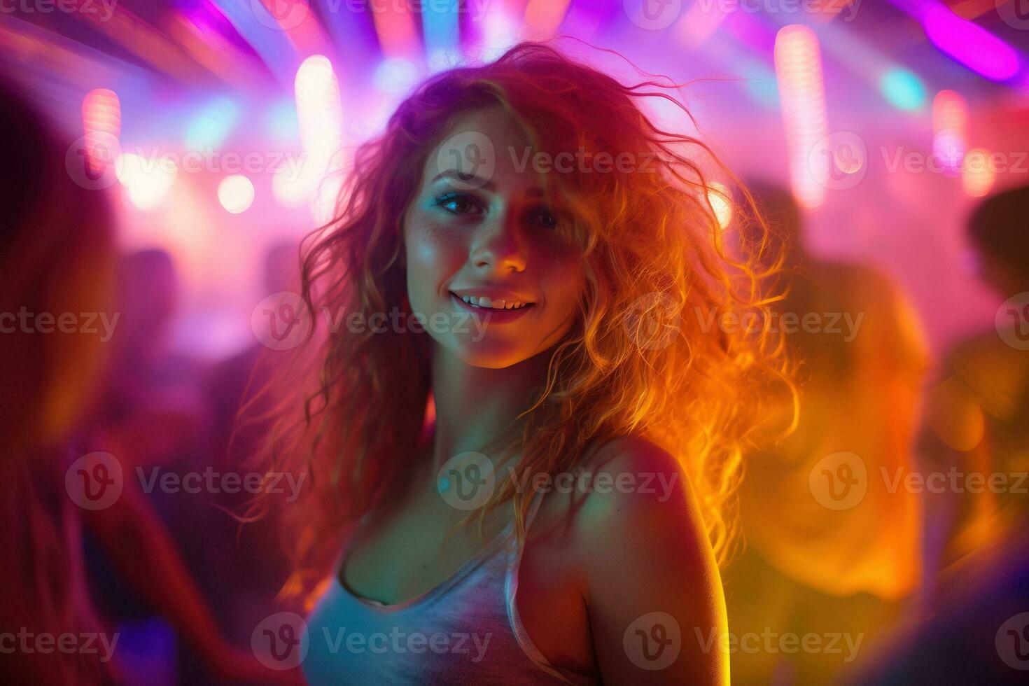 Portrait of young beautiful woman dancing in night club with lights. AI generated photo