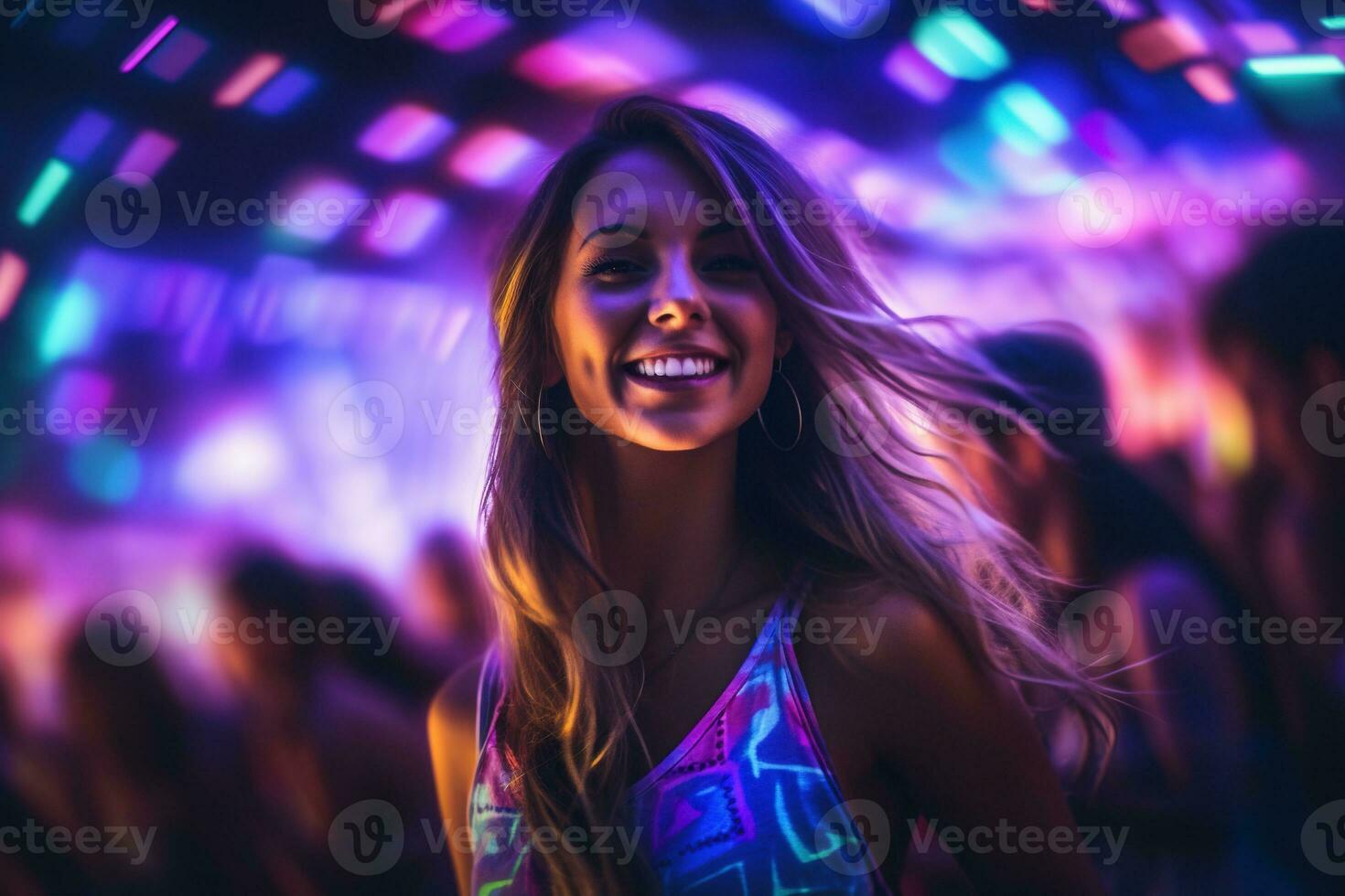 Portrait of young beautiful woman dancing in night club with lights. AI generated photo