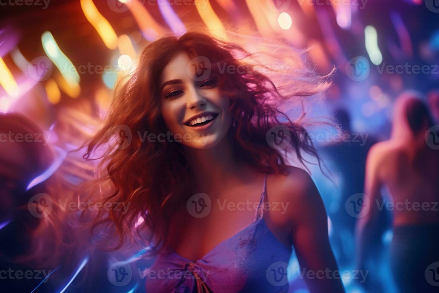 Portrait of young beautiful woman dancing in night club with lights. AI generated photo