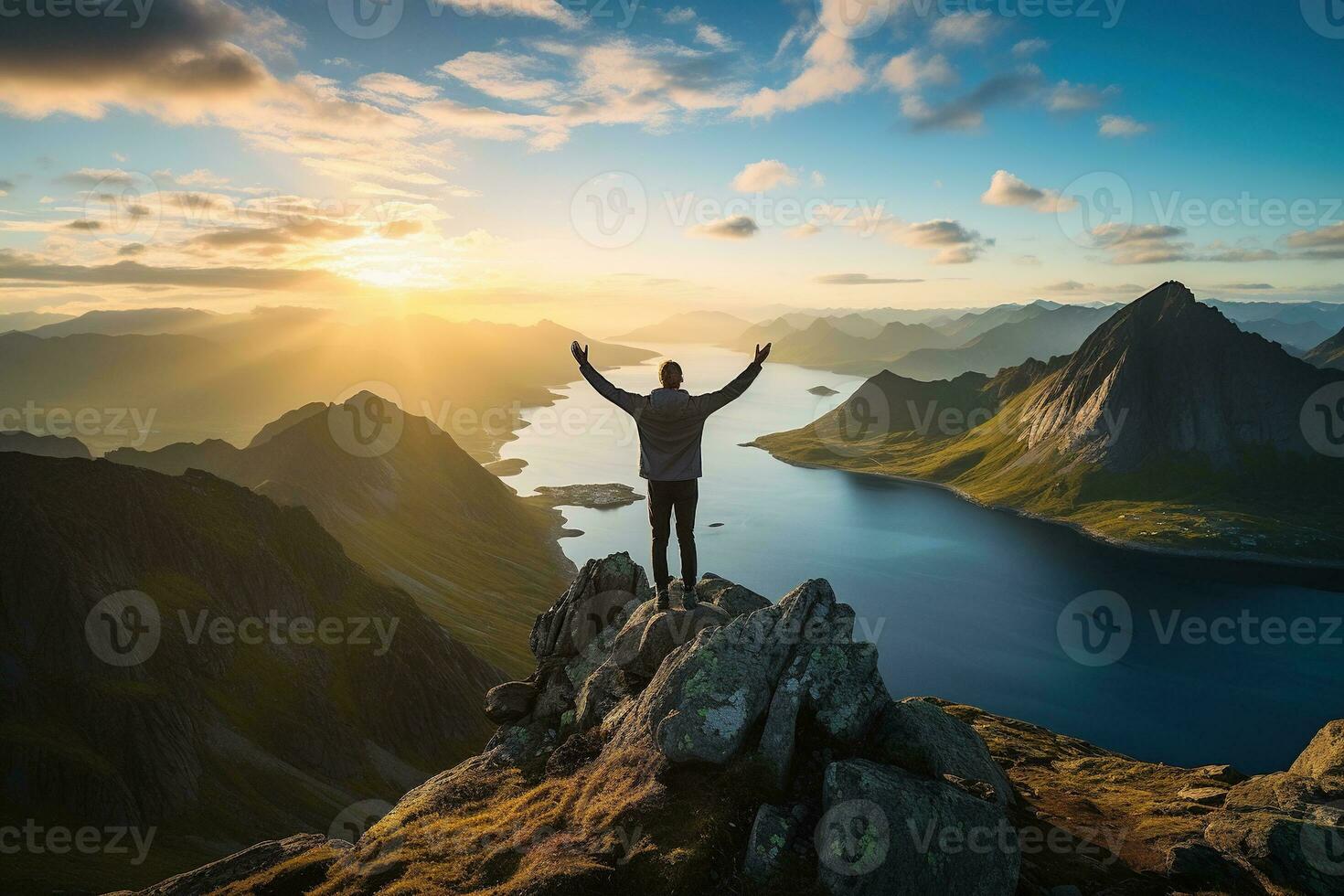 hombre en pie en el parte superior de un montaña y disfrutando el ver ai generado foto