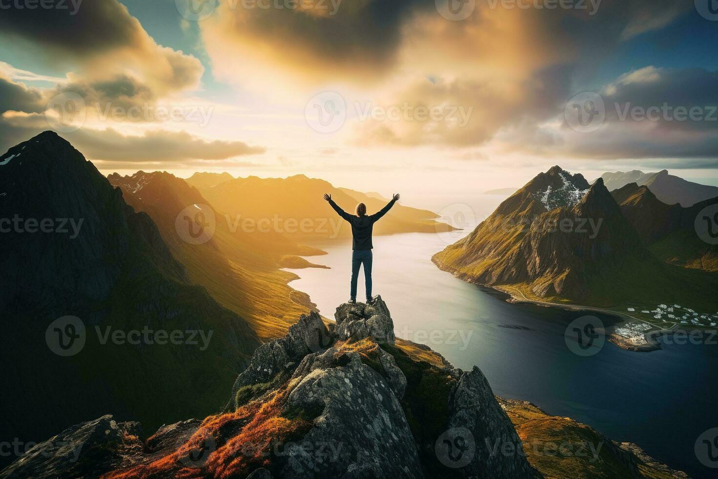 Man standing on the top of a mountain and enjoying the view AI generated photo