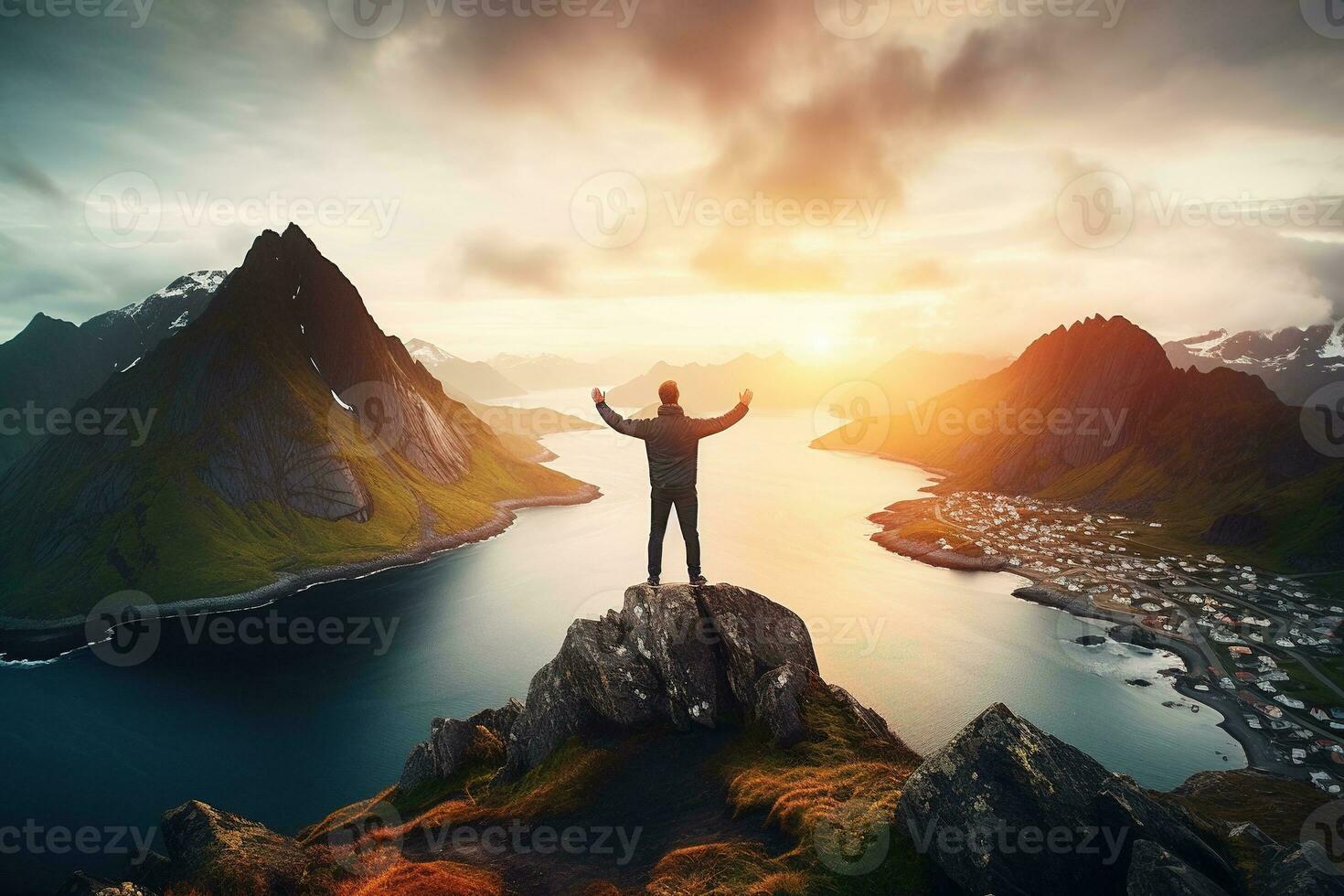 Man standing on the top of a mountain and enjoying the view AI generated photo