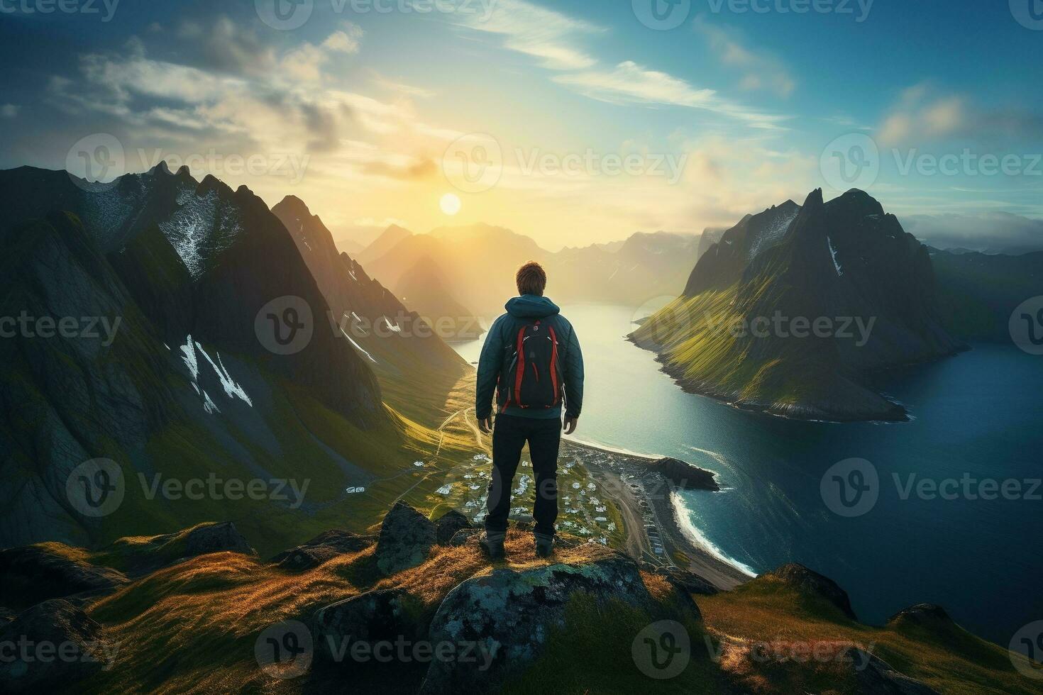 Man standing on the top of a mountain and enjoying the view AI generated photo