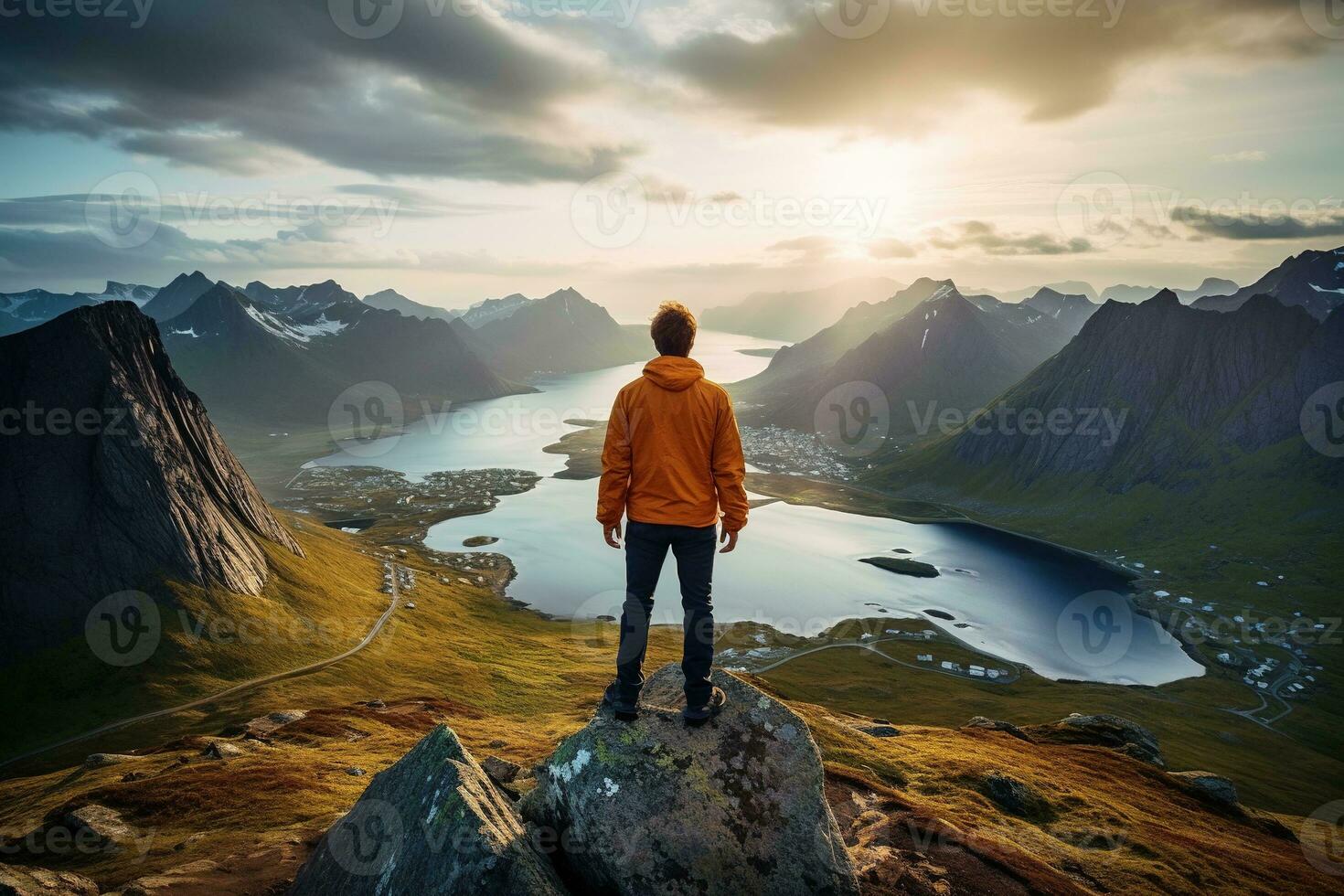 Man standing on the top of a mountain and enjoying the view AI generated photo