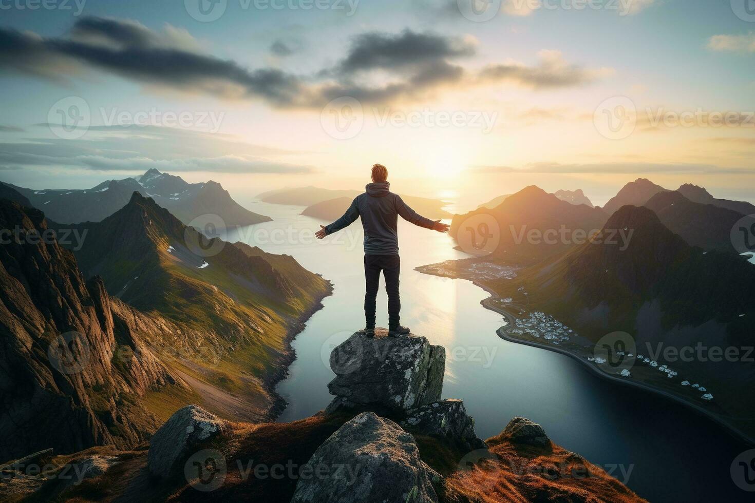 Man standing on the top of a mountain and enjoying the view AI generated photo