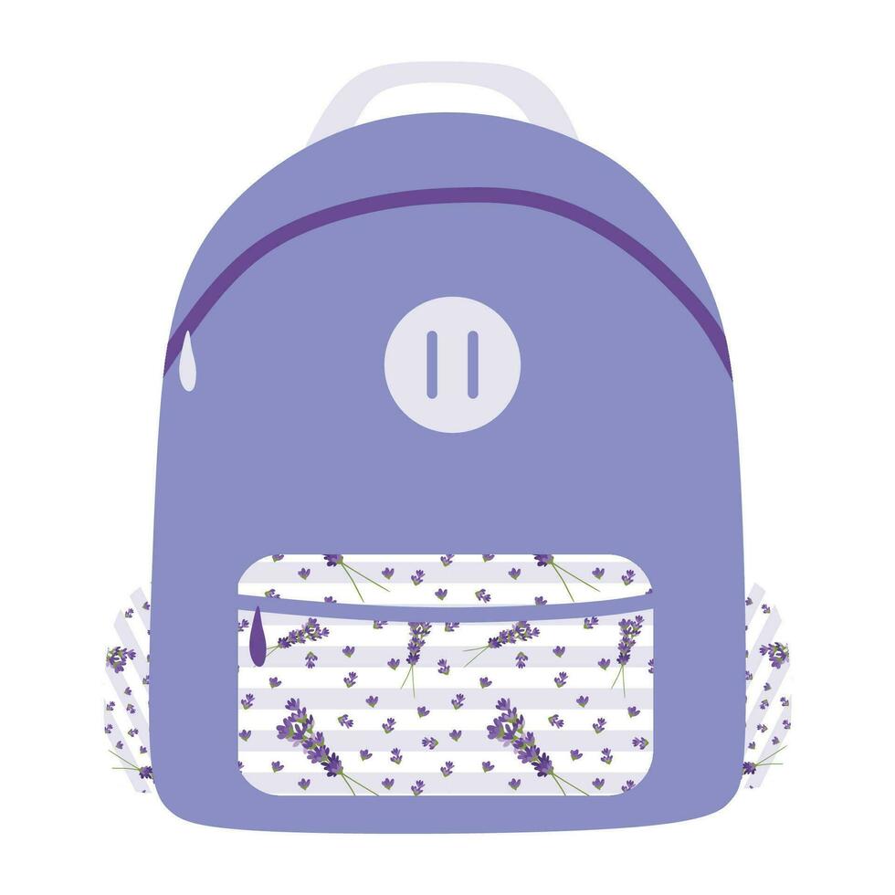 lavanda mochila con floral impresión en bolsillos vistoso bolsa para la escuela para libros de texto, cuadernos y gobernante. mano dibujado vector ilustración aislado en blanco antecedentes. moderno plano dibujos animados estilo bolsa.