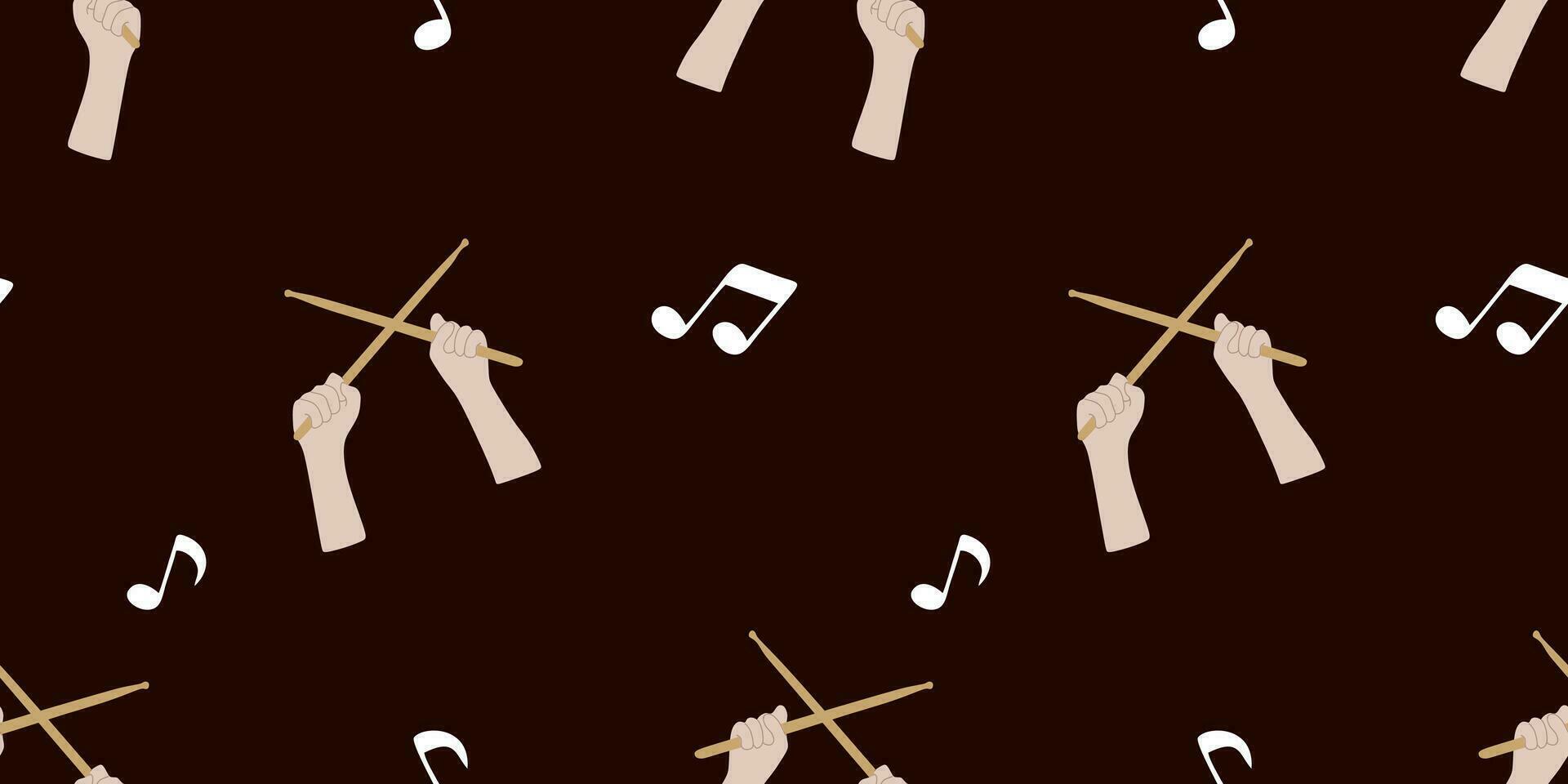 Drumsticks in Hands and Musical Notes seamless pattern. Drum sticks isolated on dark Background. Vector Musical instrument Illustration. Flat Template for Wrapping paper, Textile, Fabric, Package.