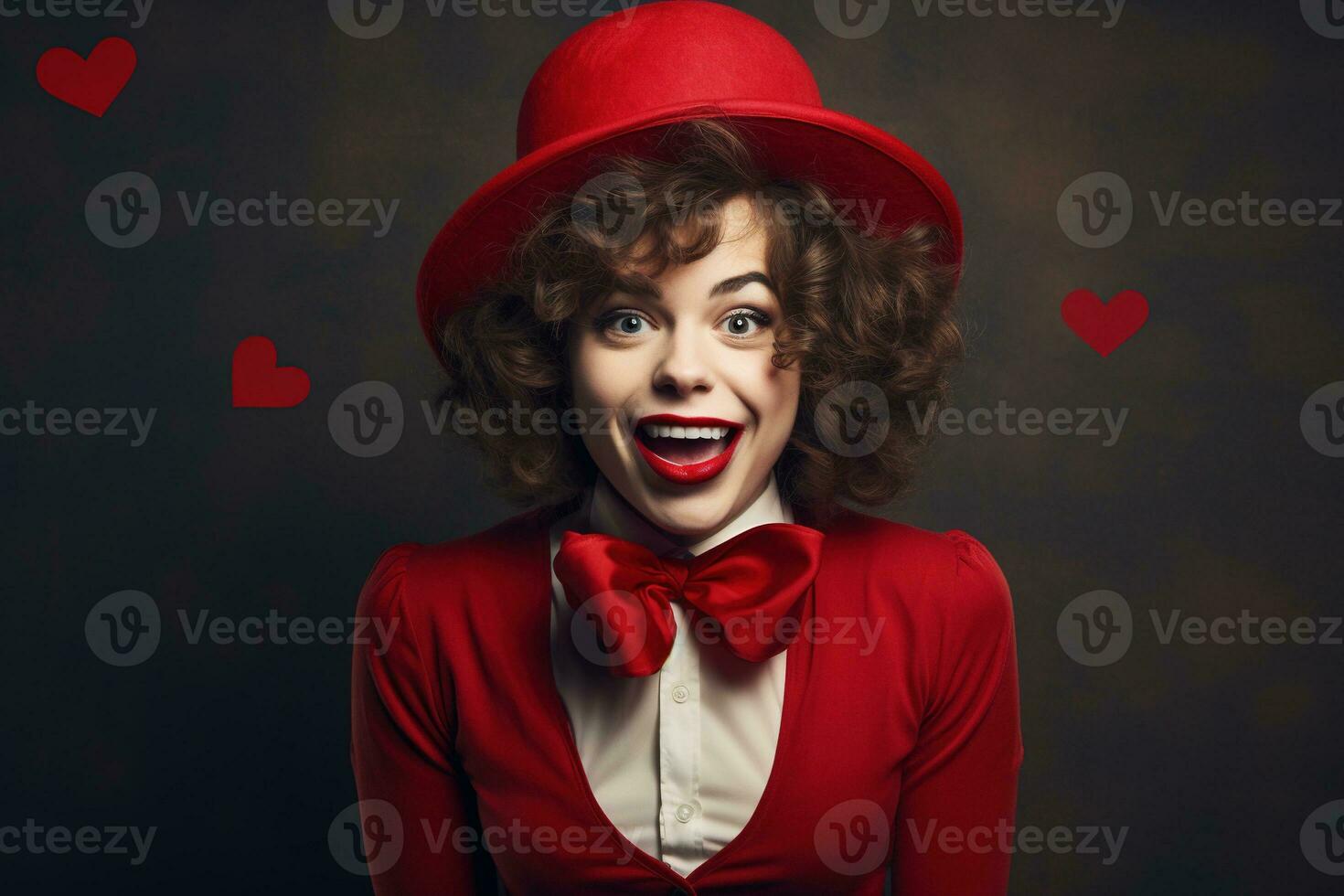 retrato de un contento mujer con rojo corazon.san valentin día concepto ai generado foto