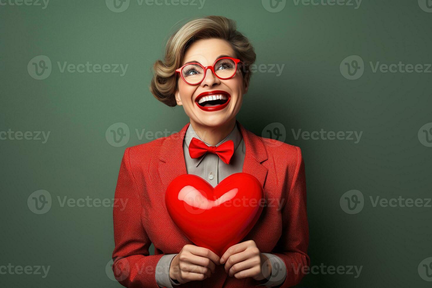 Portrait of a happy woman with red heart.Valentine's Day Concept AI generated photo