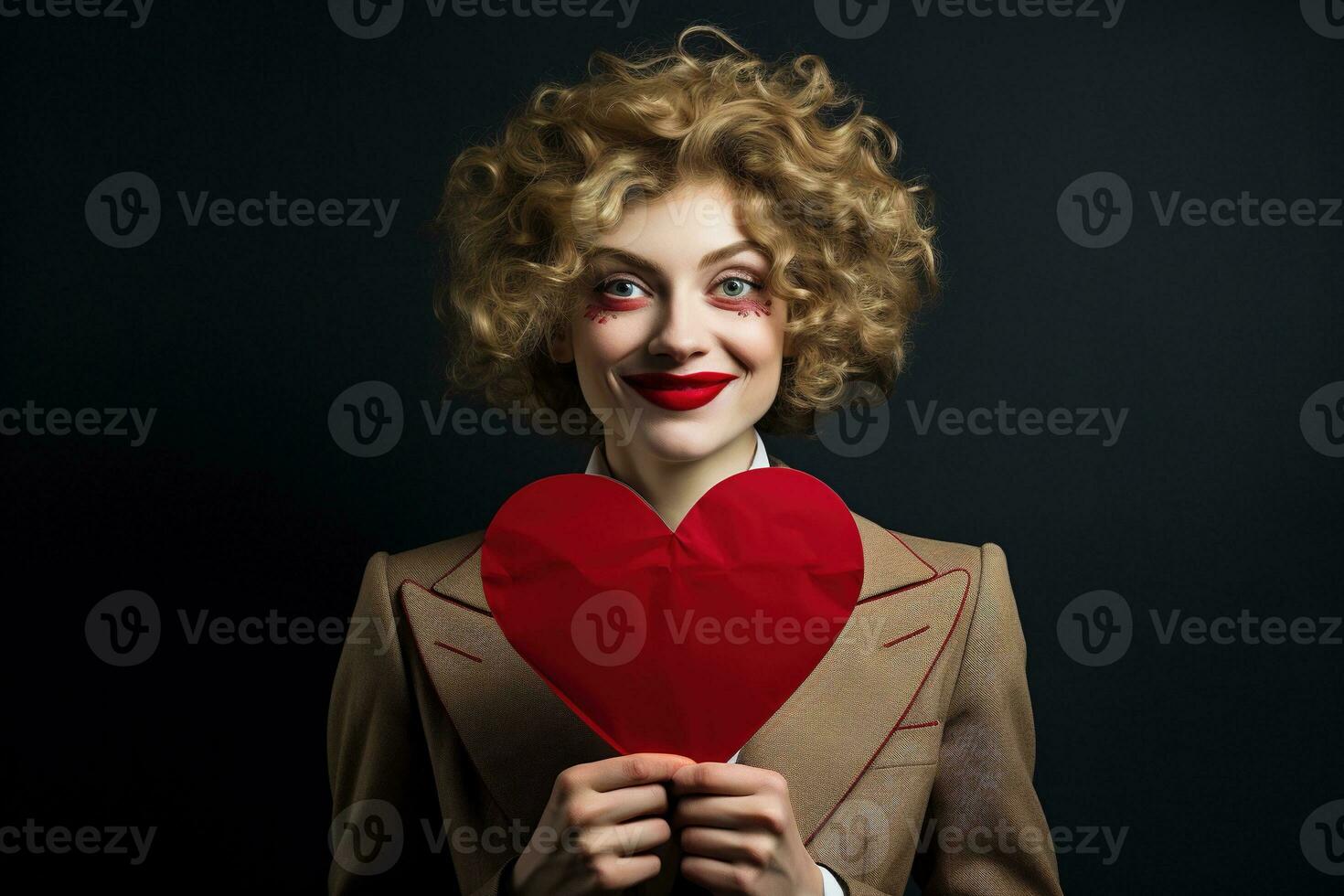 Portrait of a happy woman with red heart.Valentine's Day Concept AI generated photo