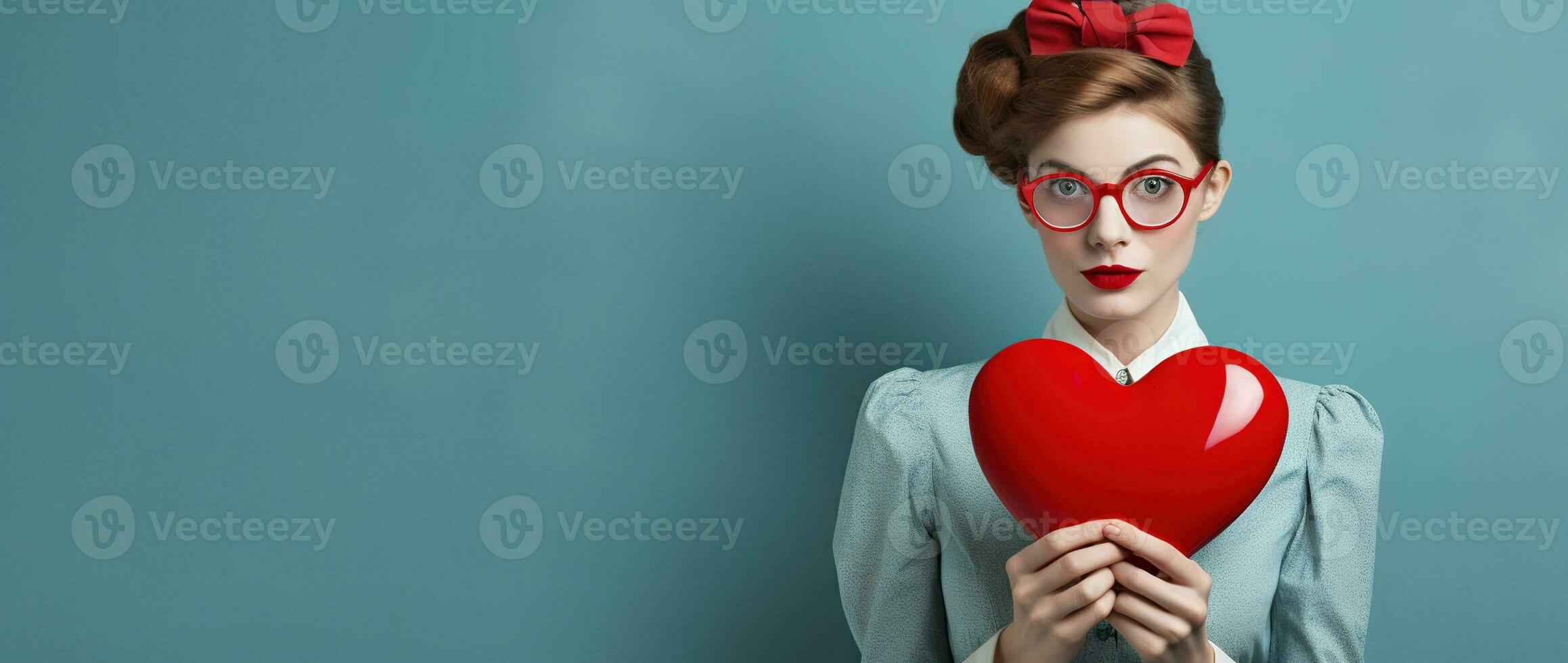 Portrait of a happy woman with red heart.Valentine's Day Concept AI generated photo