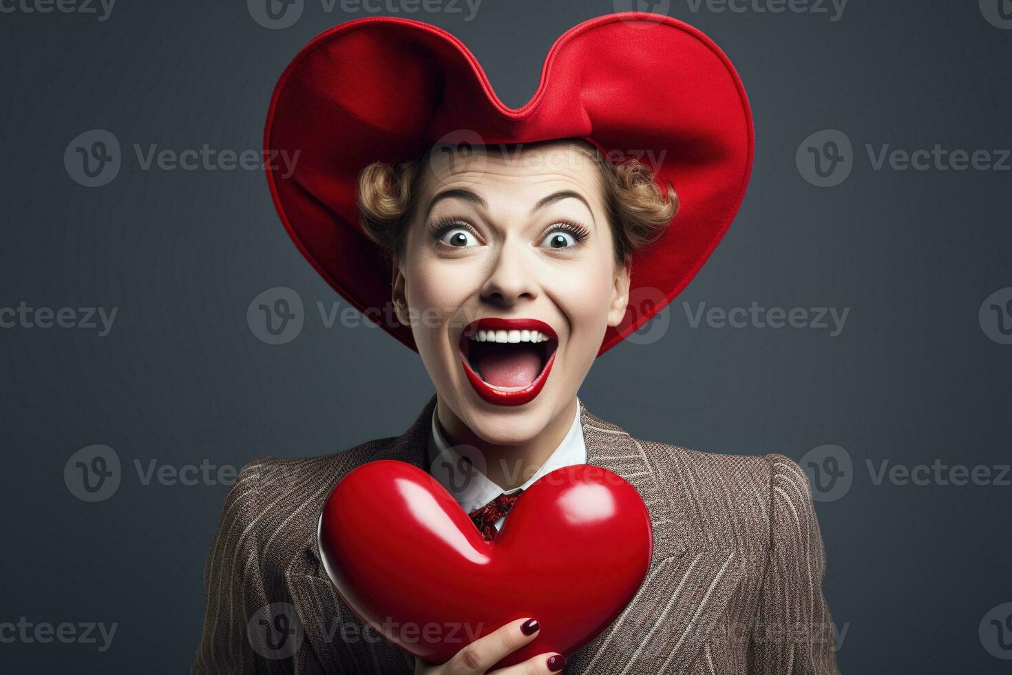 Portrait of a happy woman with red heart.Valentine's Day Concept AI generated photo
