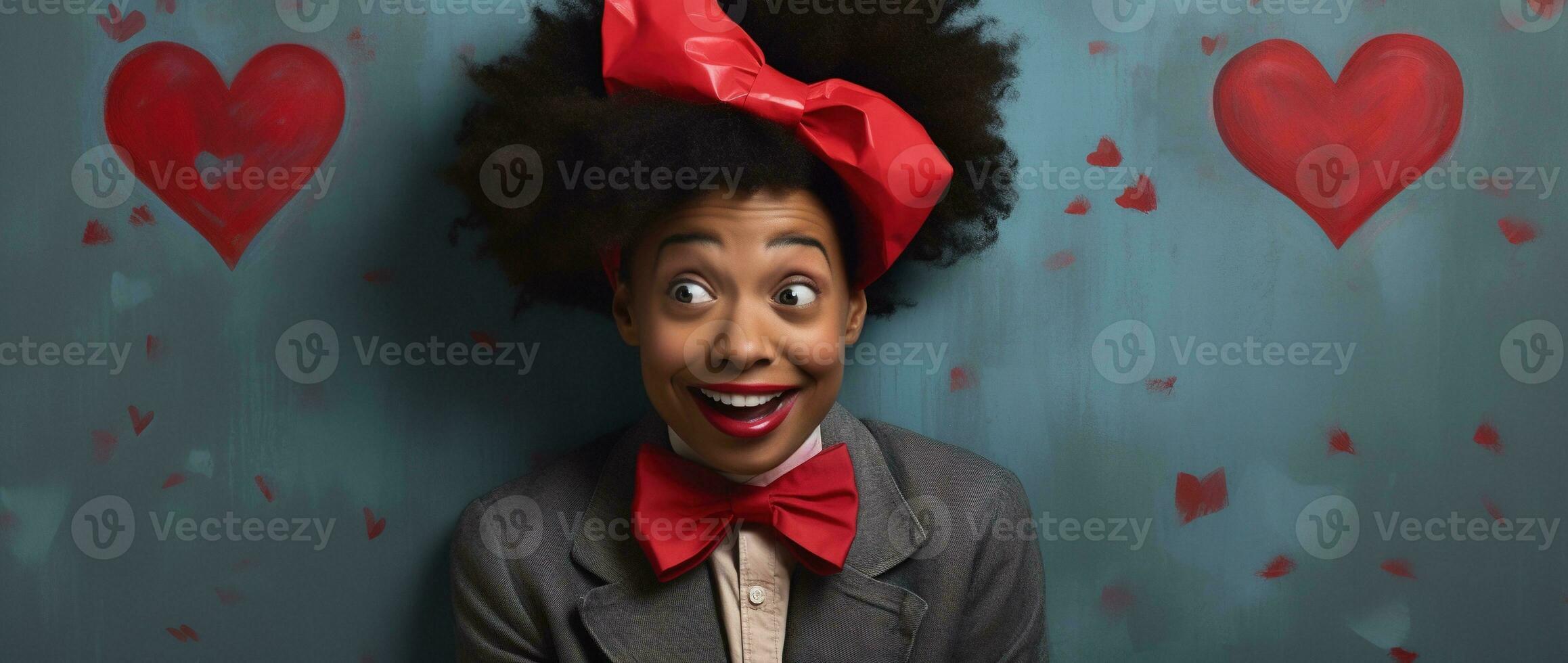 Portrait of a happy woman with red heart.Valentine's Day Concept AI generated photo