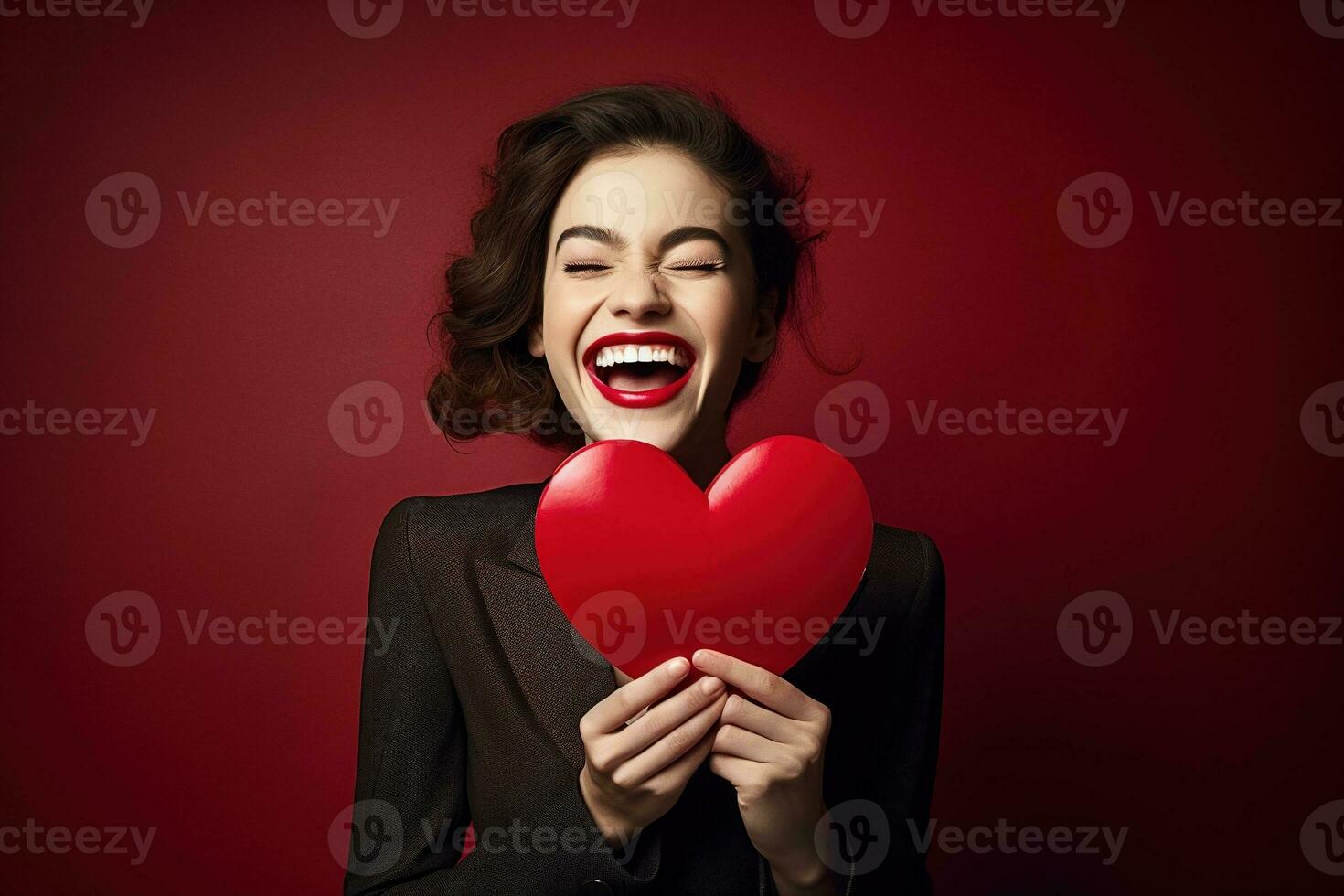 Portrait of a happy woman with red heart on a red background.Valentine's Day Concept AI generated photo