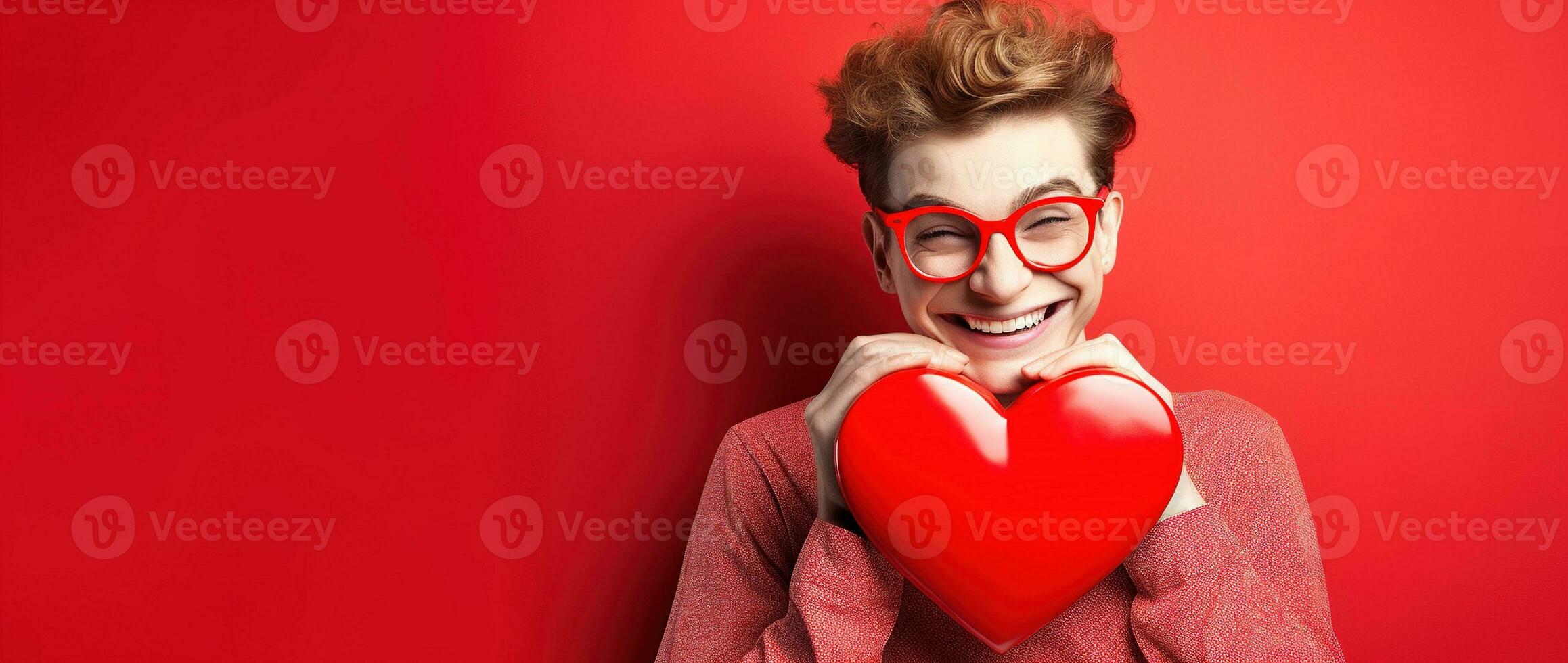 Portrait of a happy woman with red heart on a red background.Valentine's Day Concept AI generated photo