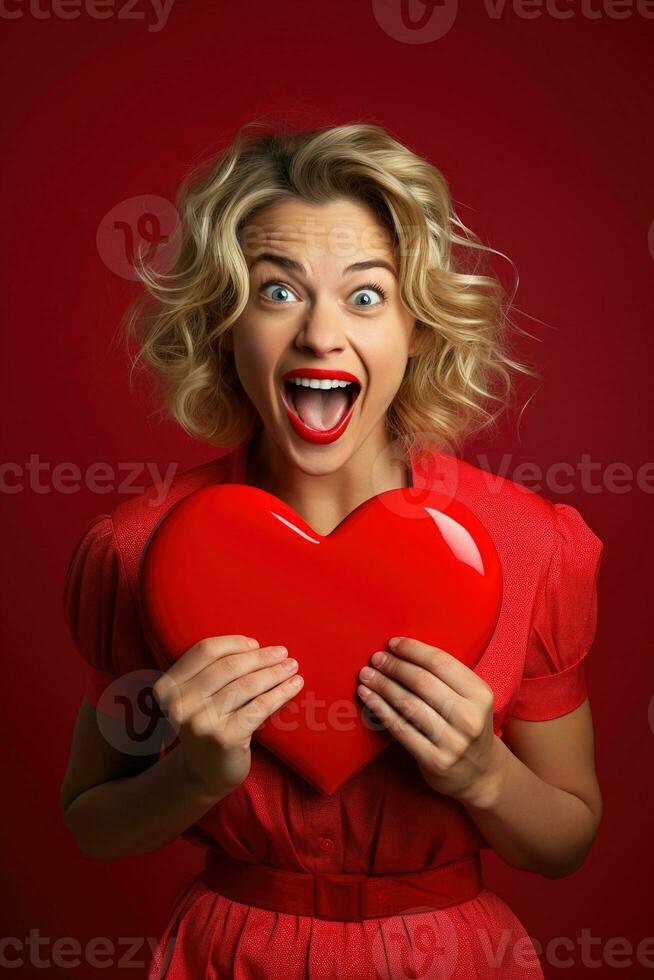 Portrait of a happy woman with red heart on a red background.Valentine's Day Concept AI generated photo