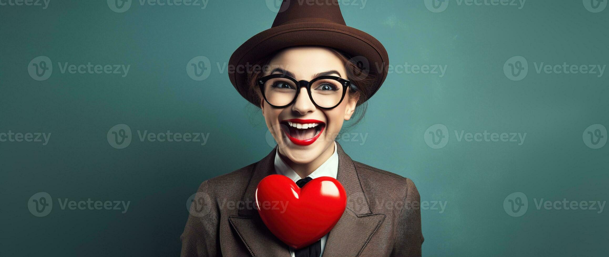 Portrait of a happy woman with red heart.Valentine's Day Concept AI generated photo