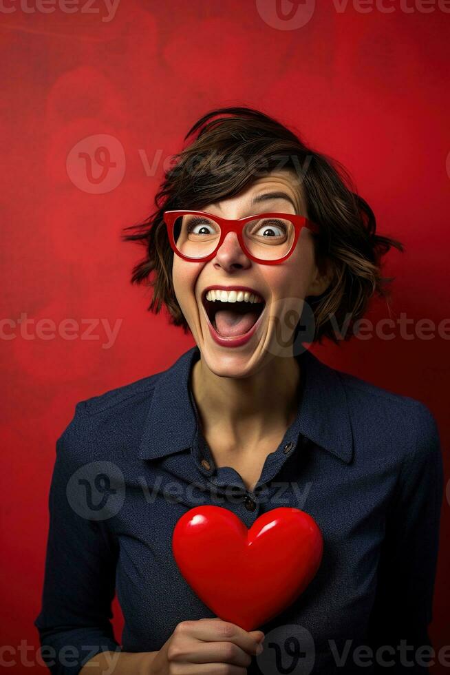 Portrait of a happy woman with red heart on a red background.Valentine's Day Concept AI generated photo