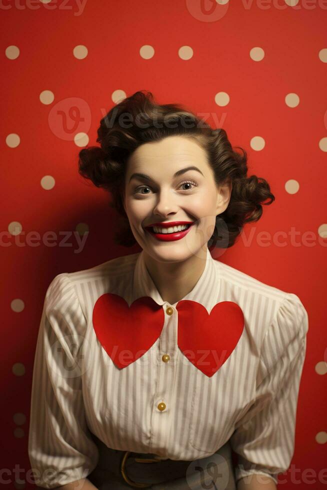 Portrait of a happy woman with red heart on a red background.Valentine's Day Concept AI generated photo