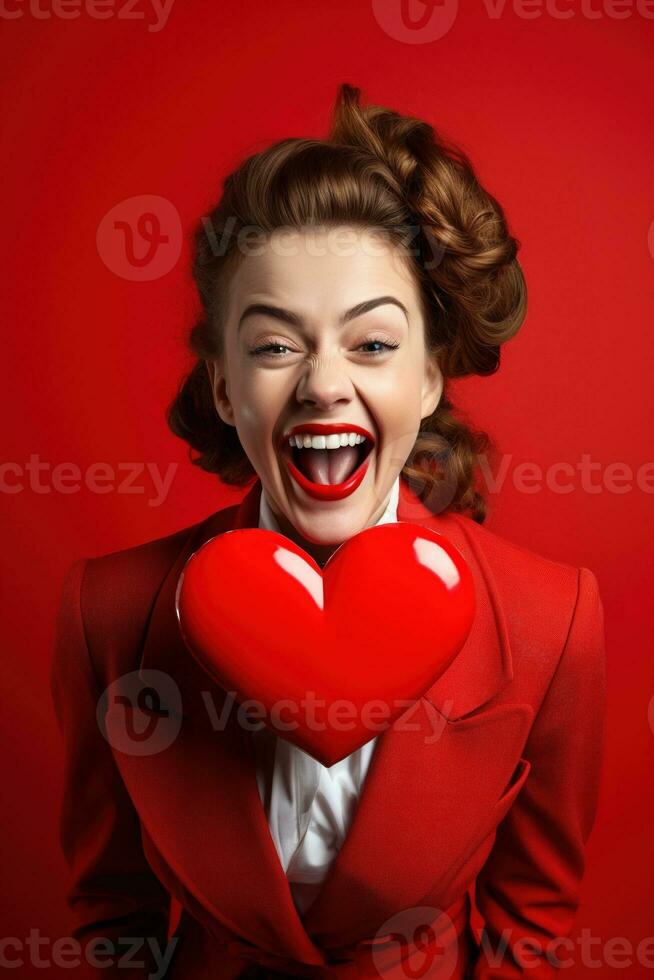 Portrait of a happy woman with red heart on a red background.Valentine's Day Concept AI generated photo