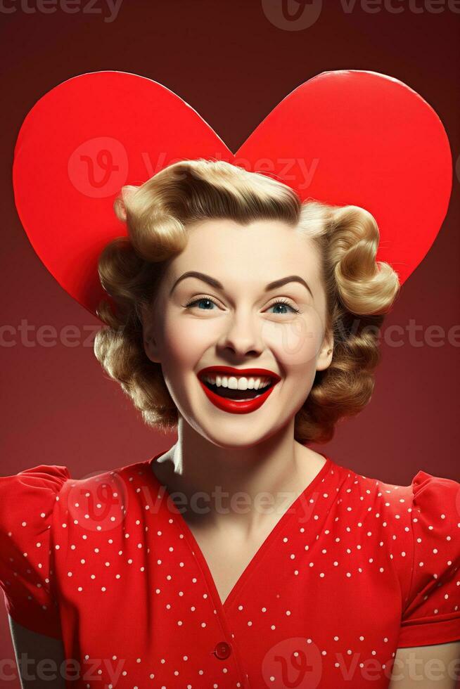 Portrait of a happy woman with red heart on a red background.Valentine's Day Concept AI generated photo