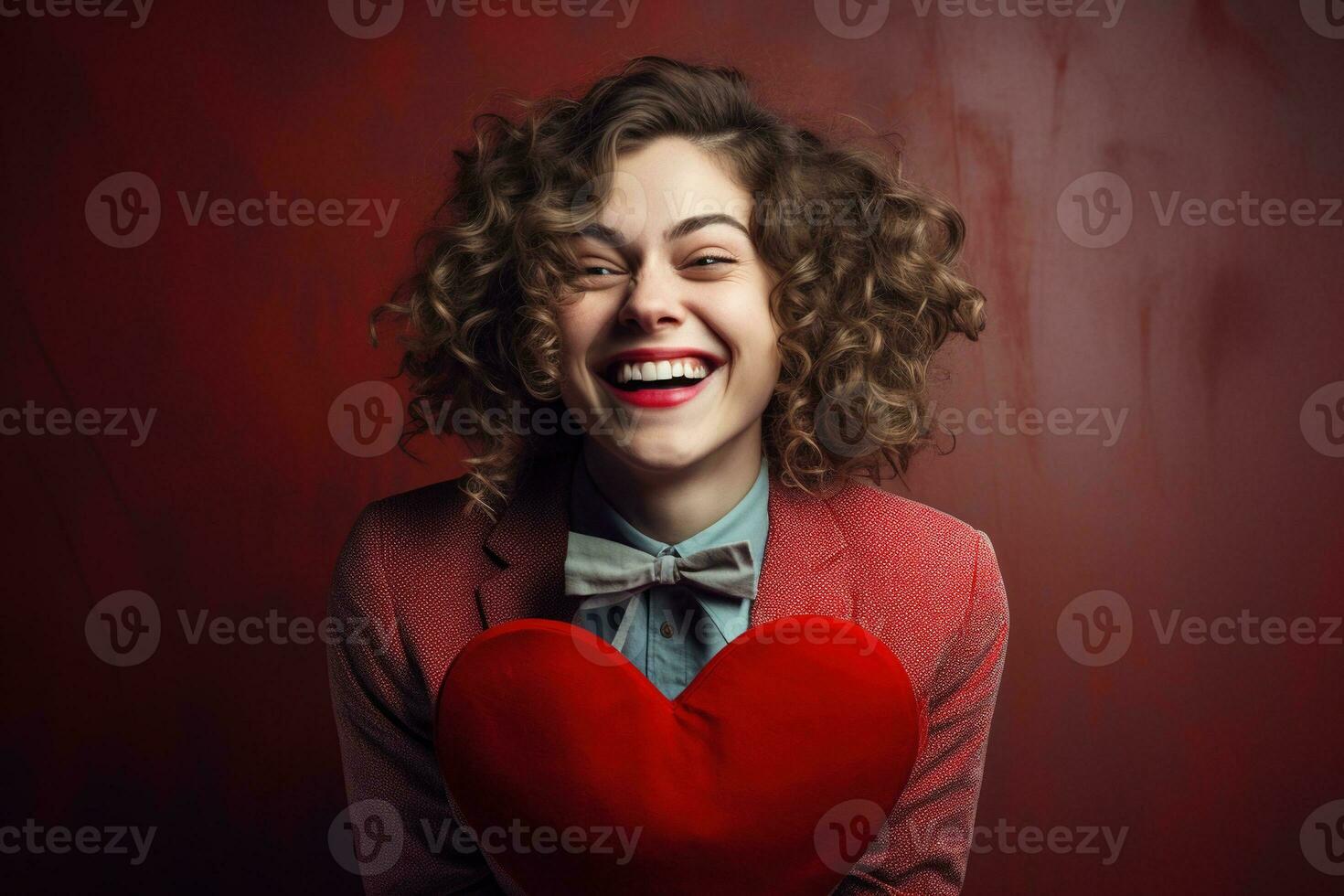 Portrait of a happy woman with red heart on a red background.Valentine's Day Concept AI generated photo