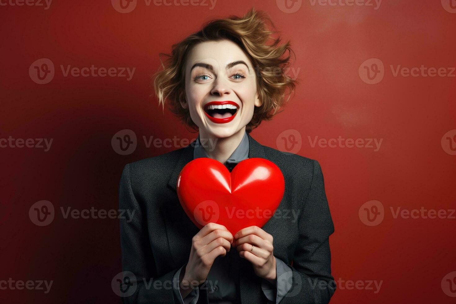 Portrait of a happy woman with red heart on a red background.Valentine's Day Concept AI generated photo