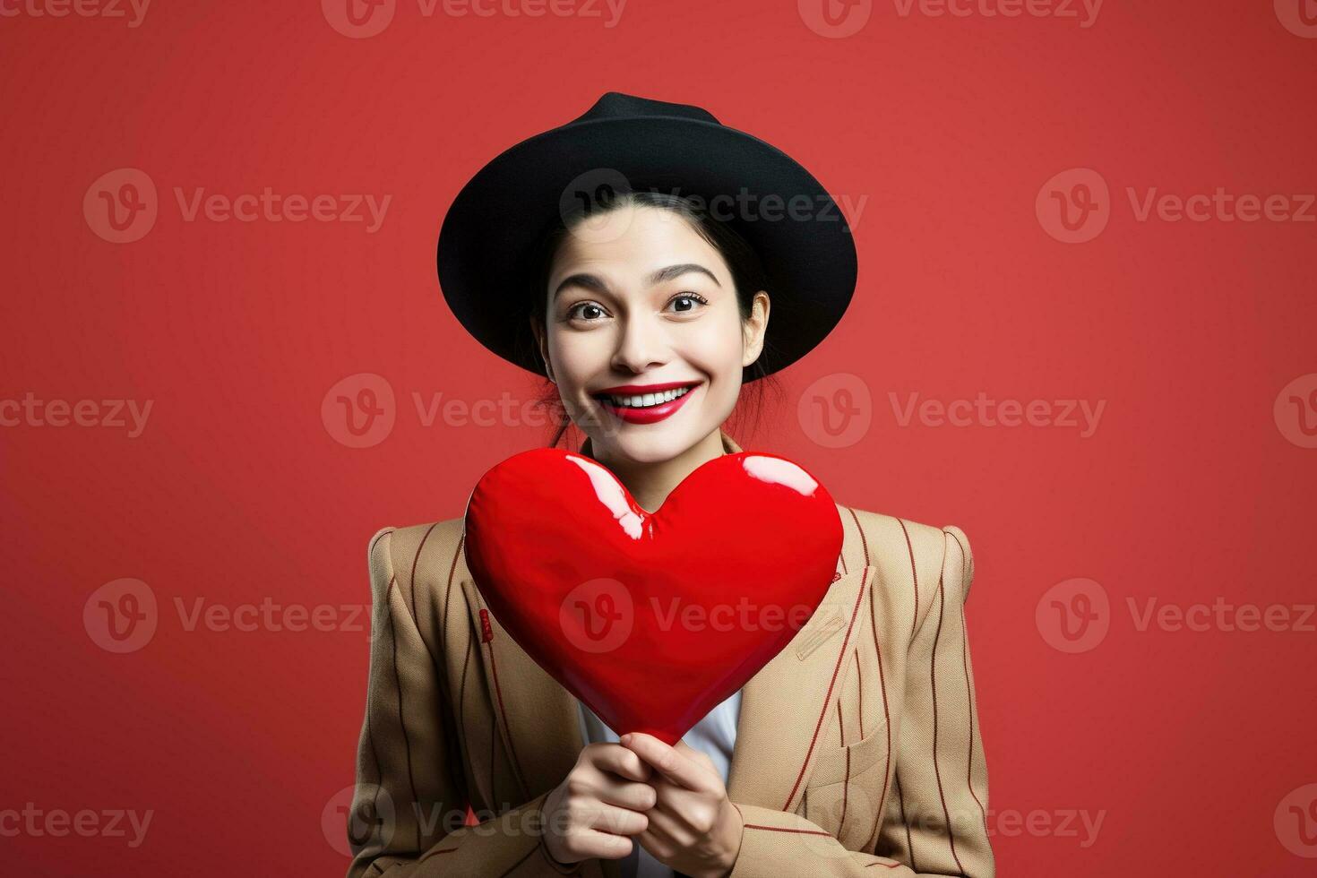 Portrait of a happy woman with red heart on a red background.Valentine's Day Concept AI generated photo