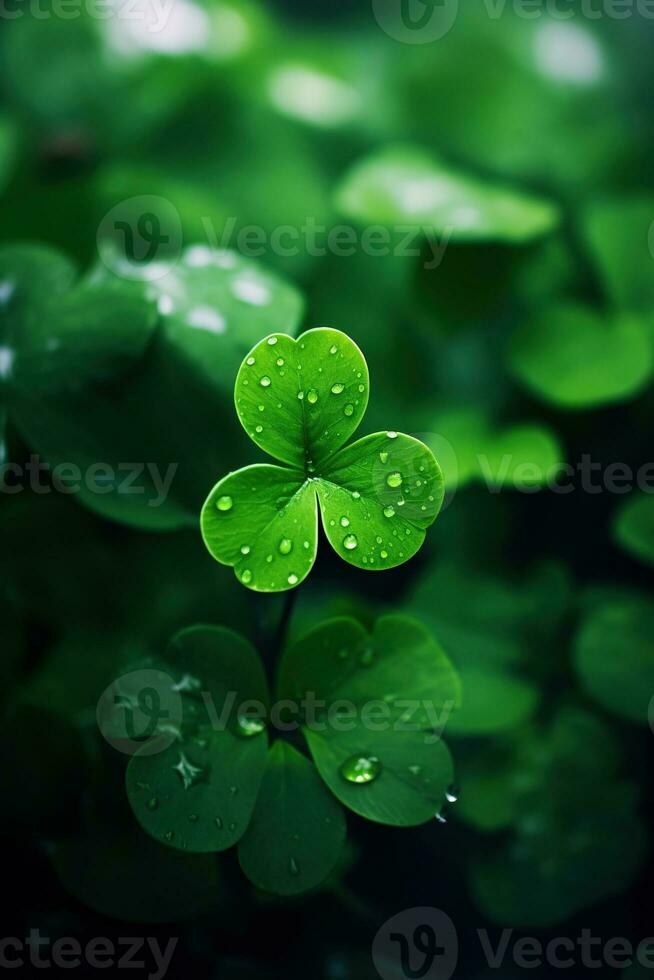 Green clover leaves on a dark background. St.Patrick's Day. AI generated photo