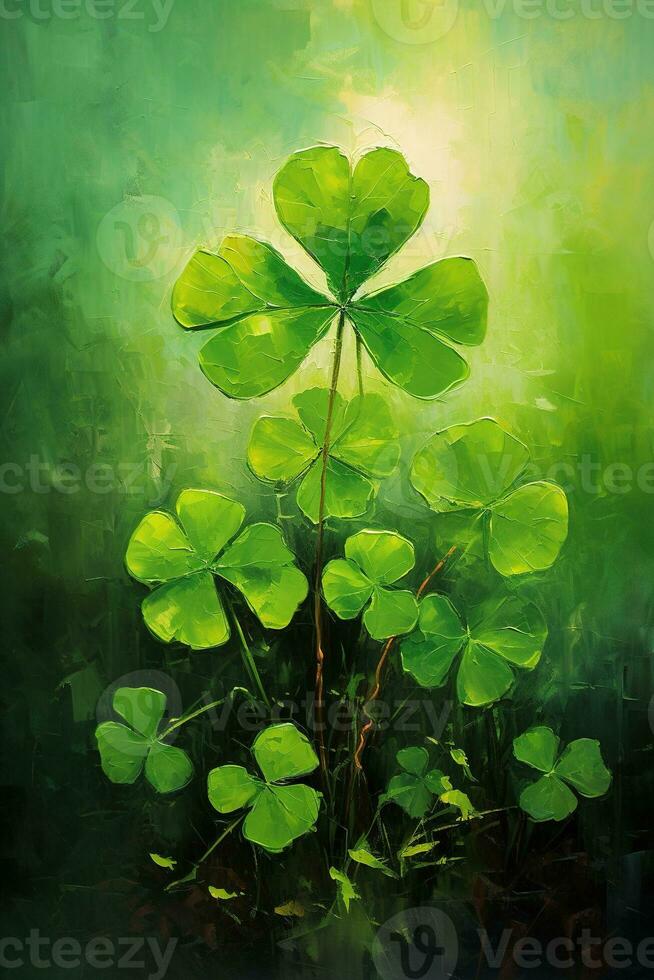 Green clover leaves on a dark background. St.Patrick's Day. AI generated photo