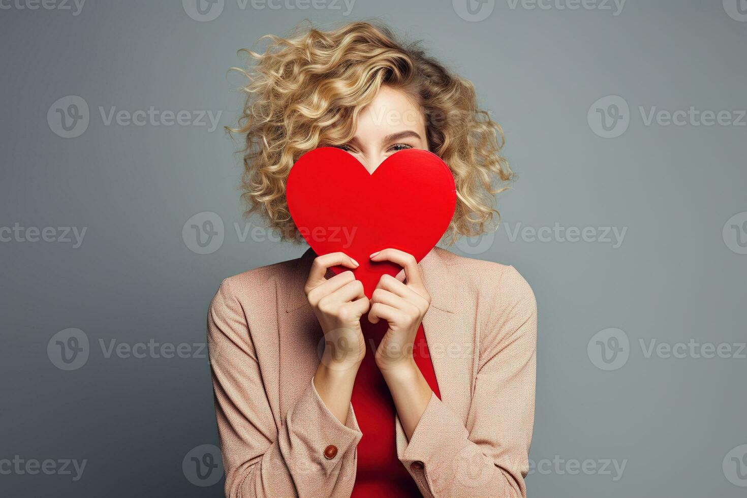 Portrait of a happy woman with red heart.Valentine's Day Concept AI generated photo