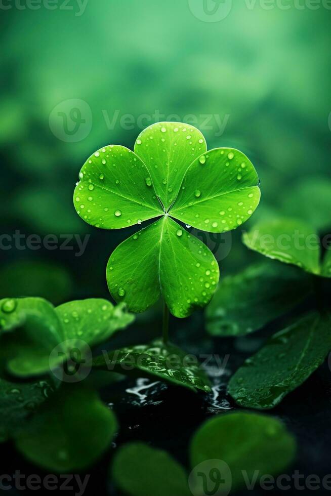 Green clover leaves on a dark background. St.Patrick's Day. AI generated photo