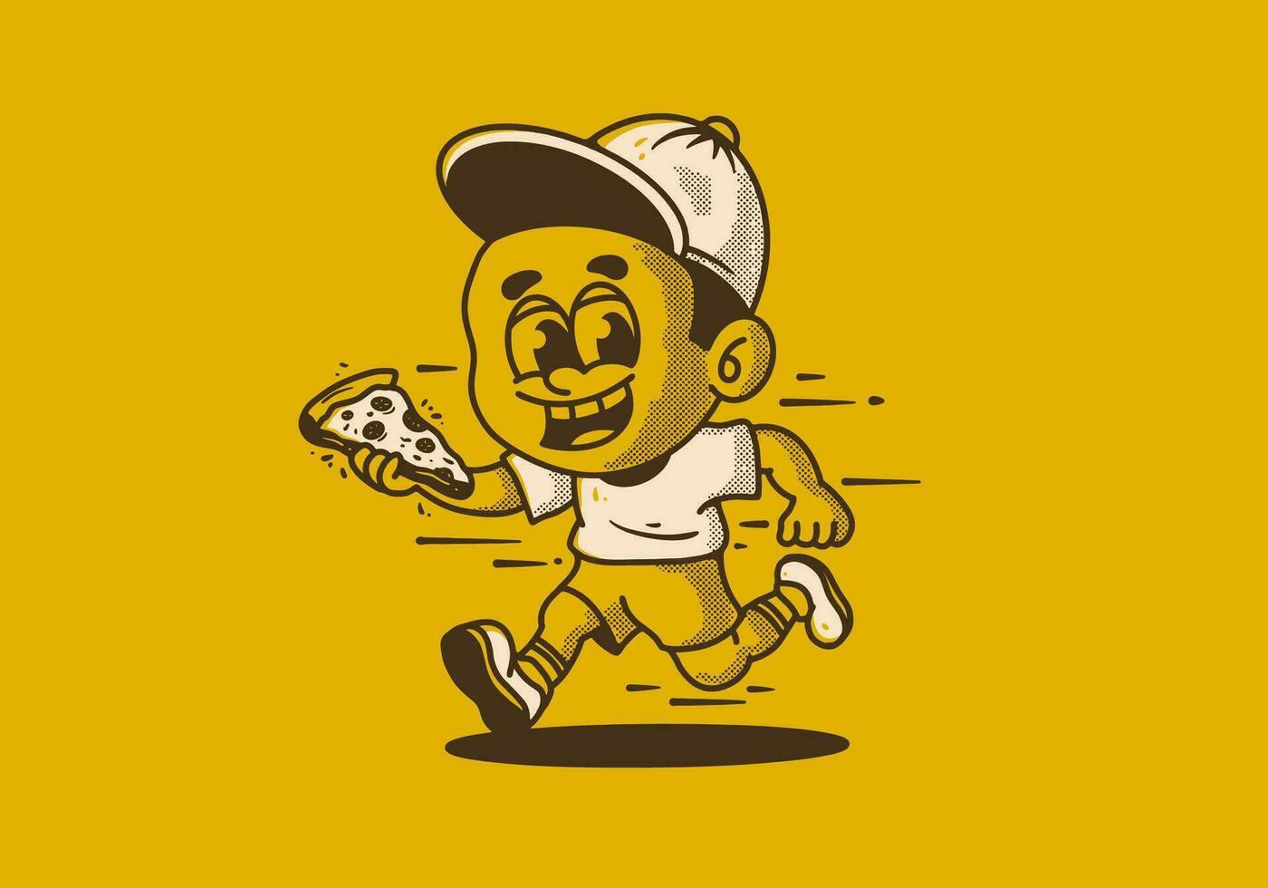 Boy character running and holding a slice pizza vector