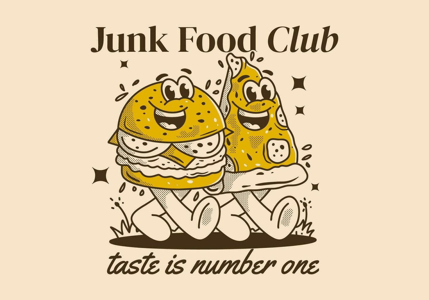Junk Food club, taste is number one. Character illustration of walking burger and pizza vector