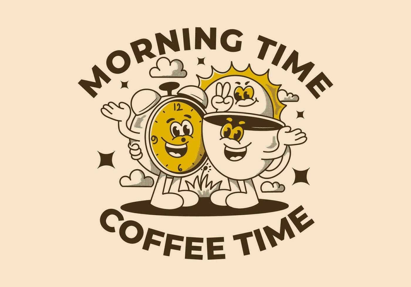 Mañana tiempo, café tiempo. mascota personaje de café taza, alarma reloj y un Dom vector