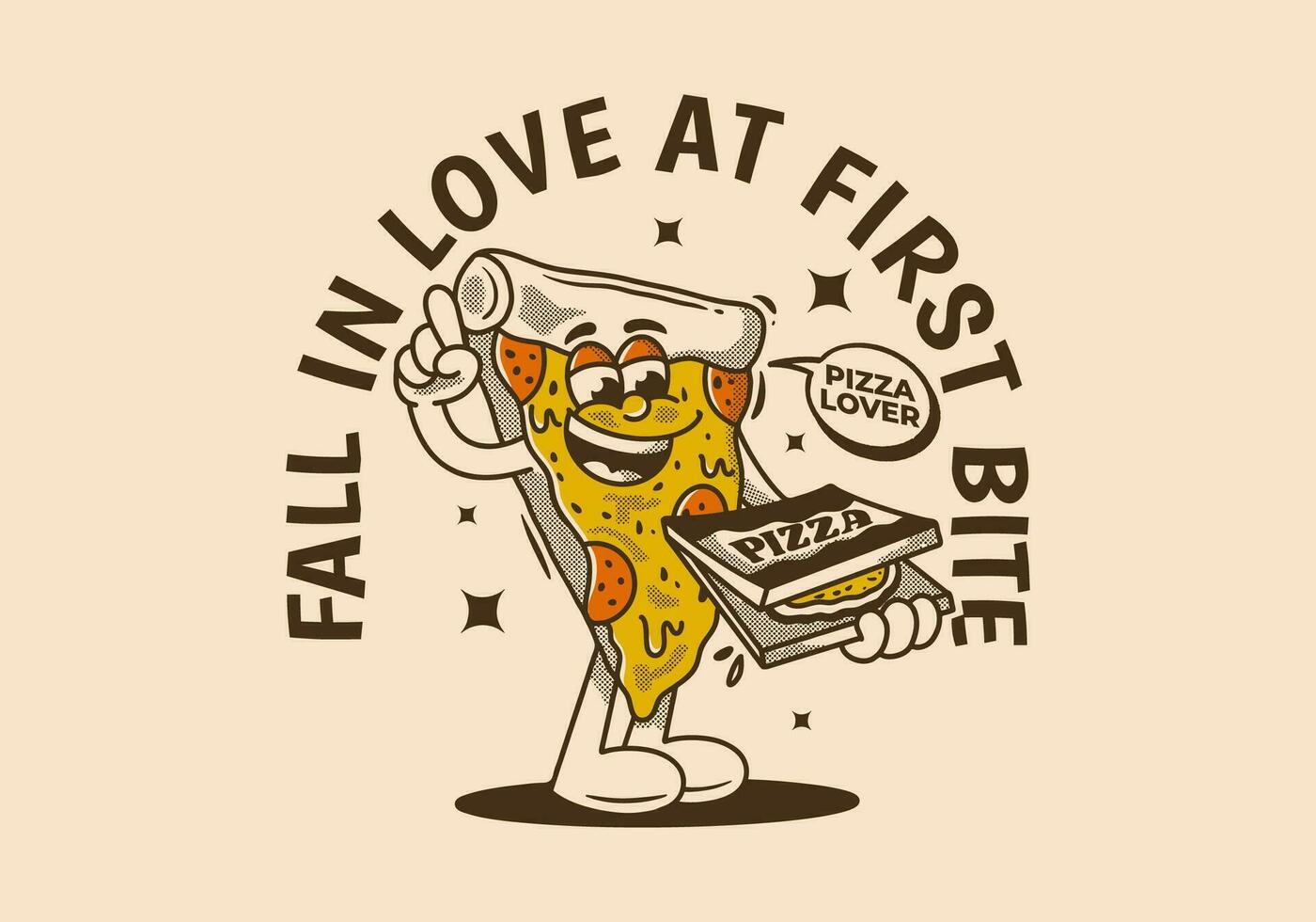 Fall in love at first bite. Character of pizza holding a box pizza vector