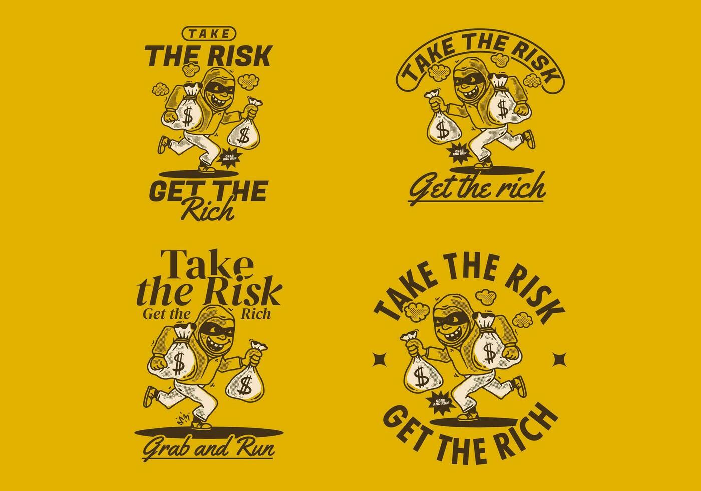 Take the risk get the rich. Character illustration of a thief carrying sacks of money vector