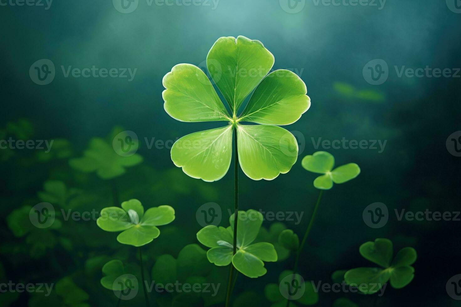 Green clover leaves on a dark background. St.Patrick's Day. AI generated photo