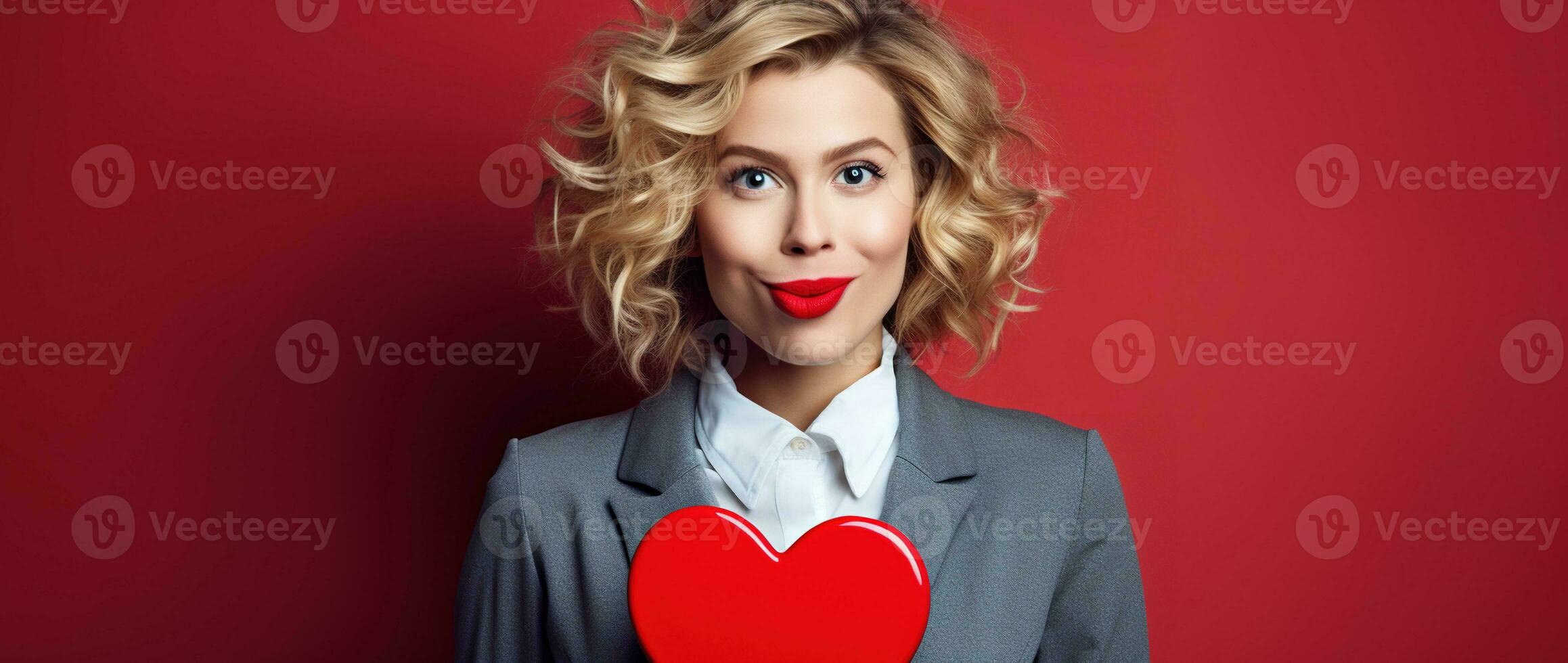 Portrait of a happy woman with red heart on a red background.Valentine's Day Concept AI generated photo