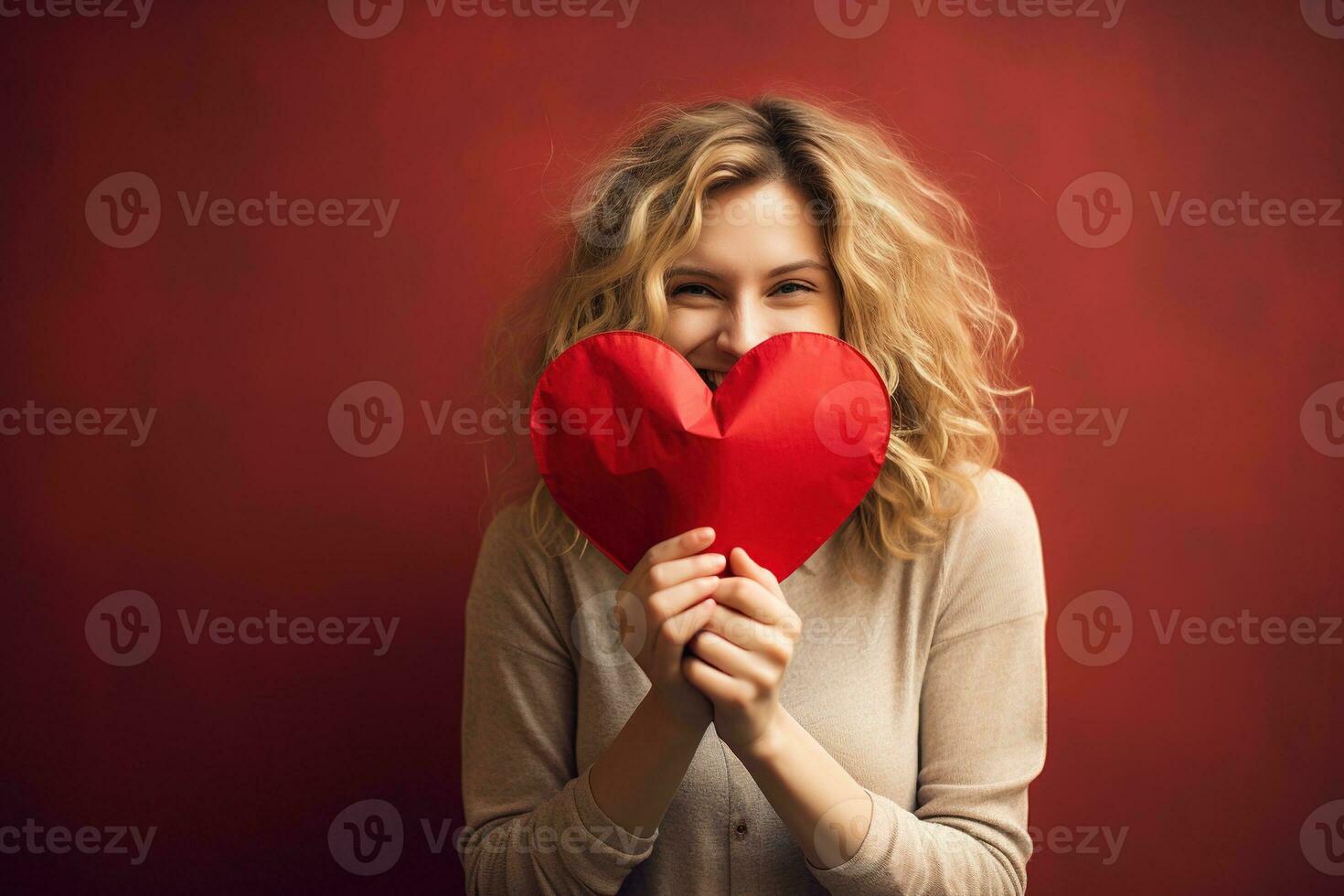 Portrait of a happy woman with red heart on a red background.Valentine's Day Concept AI generated photo