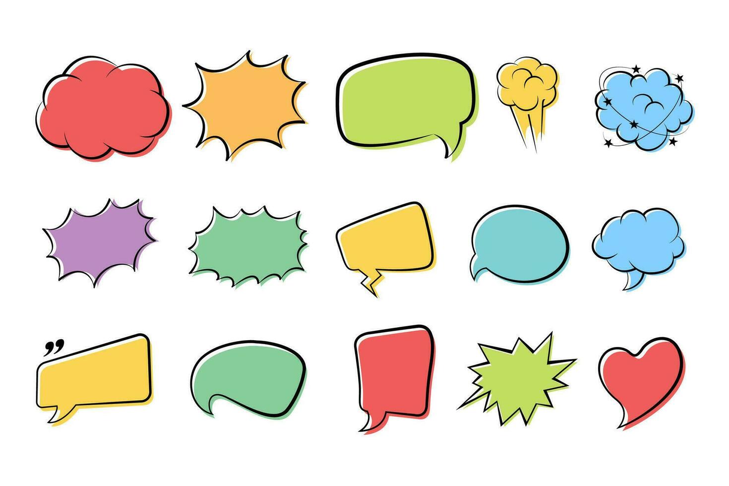Empty comic speech bubbles background in pop art style. Comic speech bubble stickers with cloud, starburst, text box space, explosion. vector