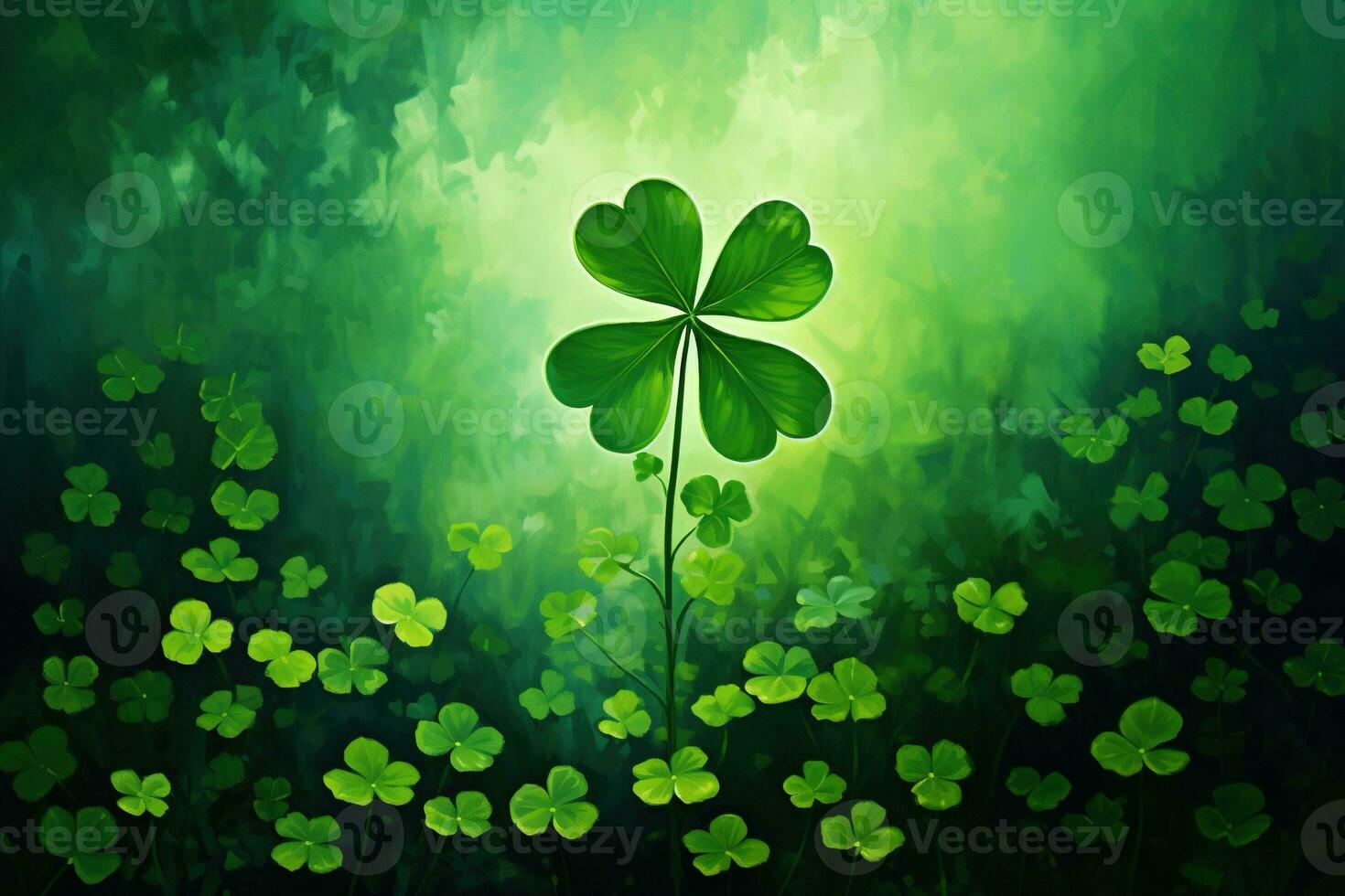 Green clover leaves on a dark background. St.Patrick's Day. AI generated photo