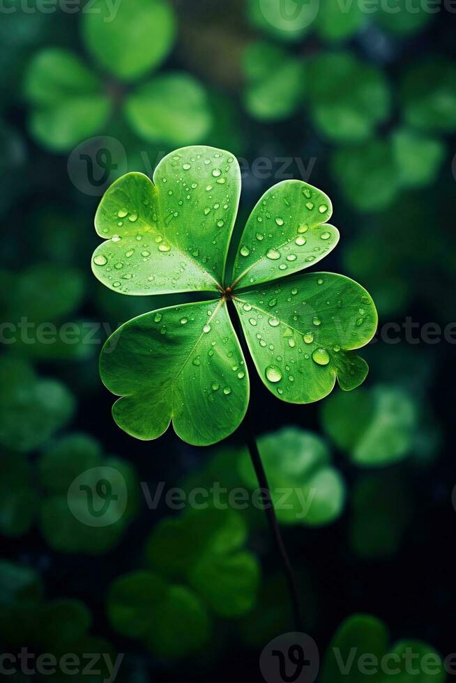 Green clover leaves on a dark background. St.Patrick's Day. AI generated photo