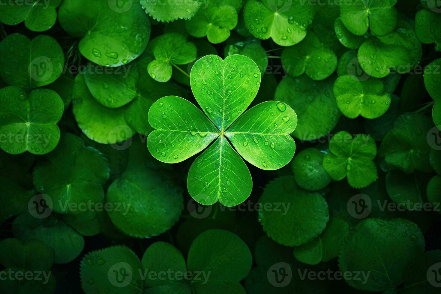 Green clover leaves on a dark background. St.Patrick's Day. AI generated photo