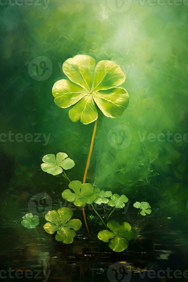 Green clover leaves on a dark background. St.Patrick's Day. AI generated photo