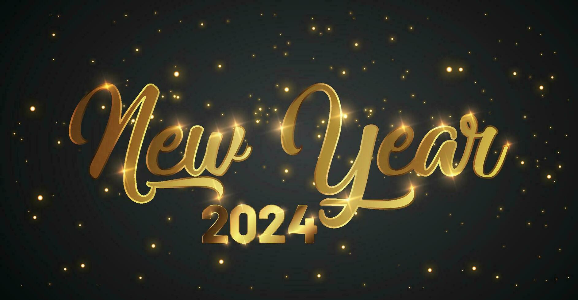 contento nuevo año de Brillantina oro fuegos artificiales. vector dorado reluciente texto y 2024 números con brillar brillar para fiesta saludo tarjeta.