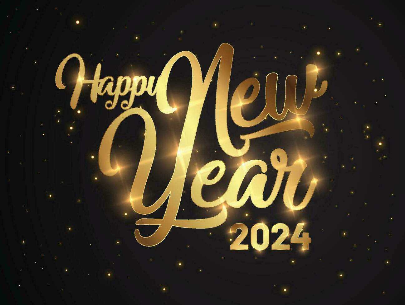 Happy New Year of glitter gold fireworks. Vector golden glittering text and 2024 numbers with sparkle shine for holiday greeting card.