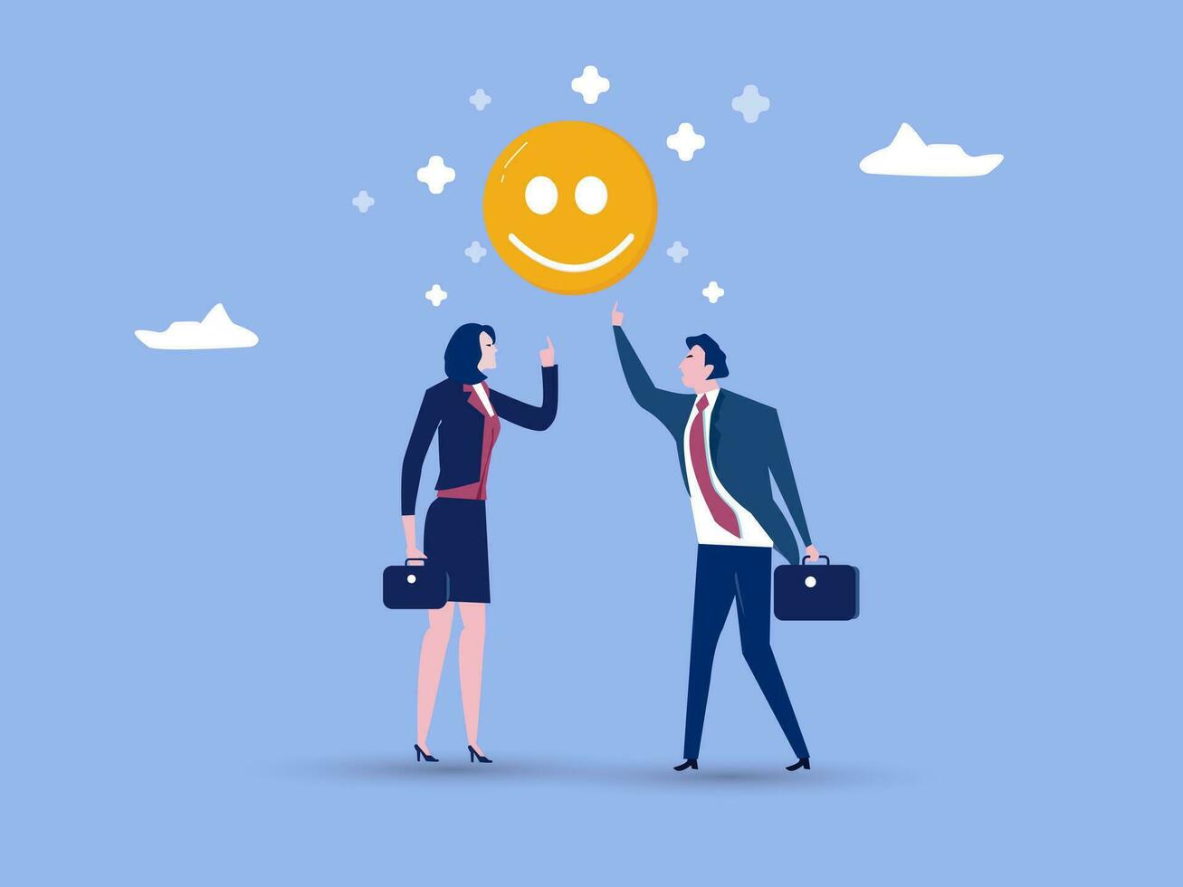 Happy businessman and woman holding smiling face symbol in joyful