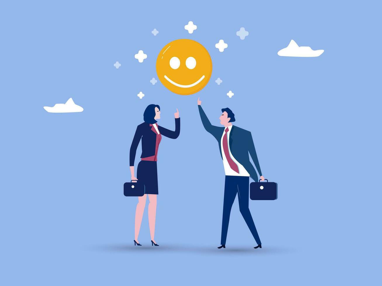 Happy businessman and woman holding smiling face symbol in joyful workplace.Employee happiness, job satisfaction or company benefit, happy workplace or positive attitude, work motivation concept. vector